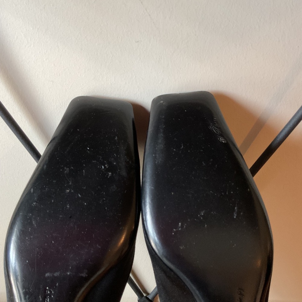 Salvatore Ferragamo Black Satin Rosette Square Toe Kitten Heels 7B Coquette VTG - Picture 14 of 16